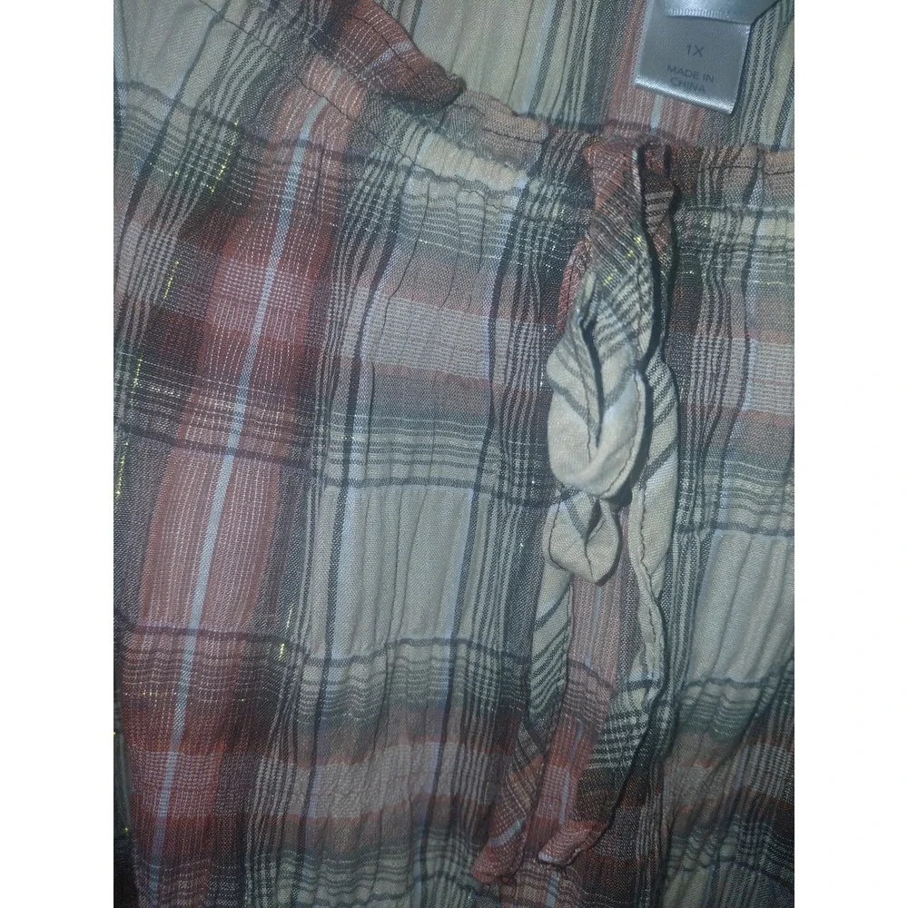 CJ Banks Womens 1X Plaid Peasant Top Metallic Gold Thread Short Sleeve Blouse - Picture 3 of 4